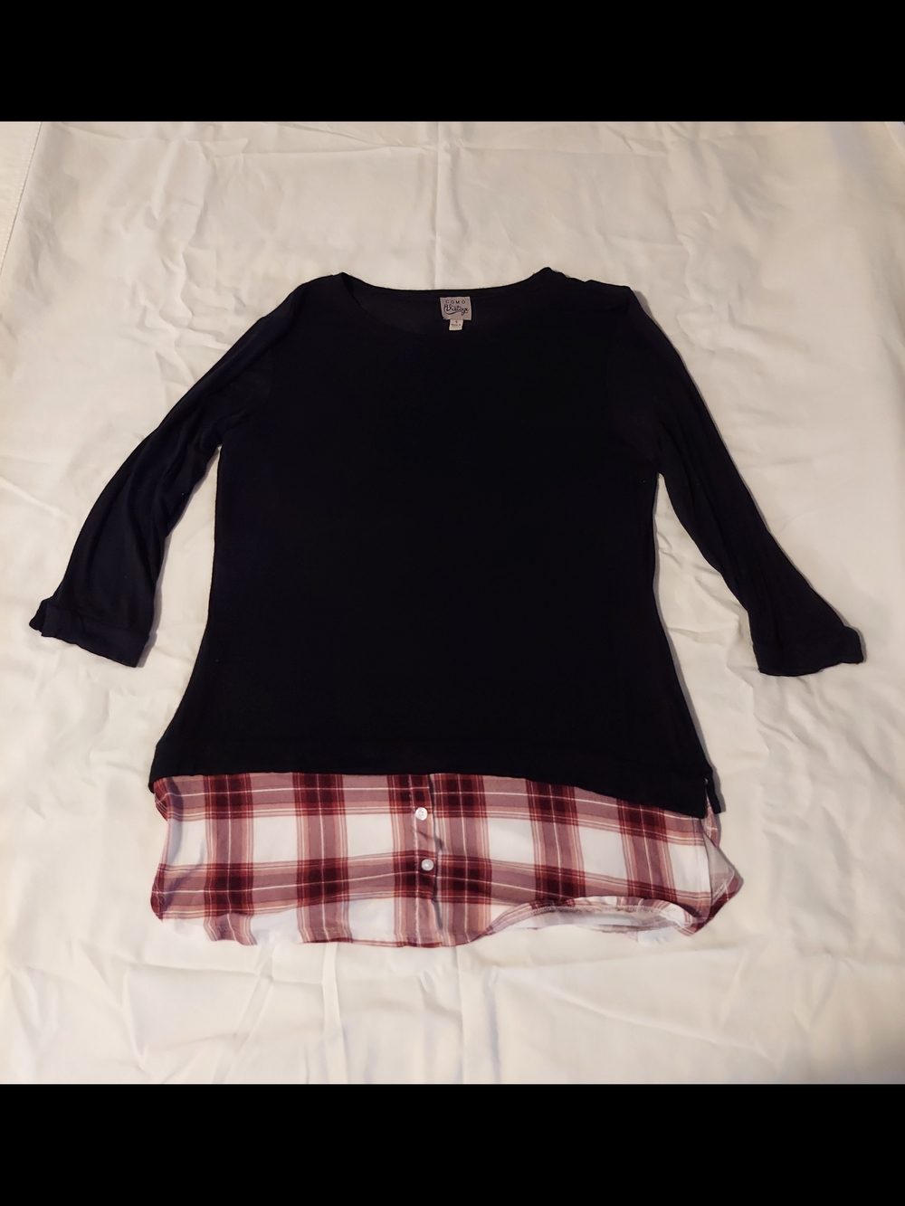 Como Vintage Black Knit Top with Red Plaid Hem